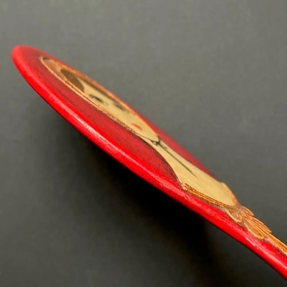 Rare Vintage 1960s Red Wooden Handmade Decorative Hand Mirror, Artist Signed